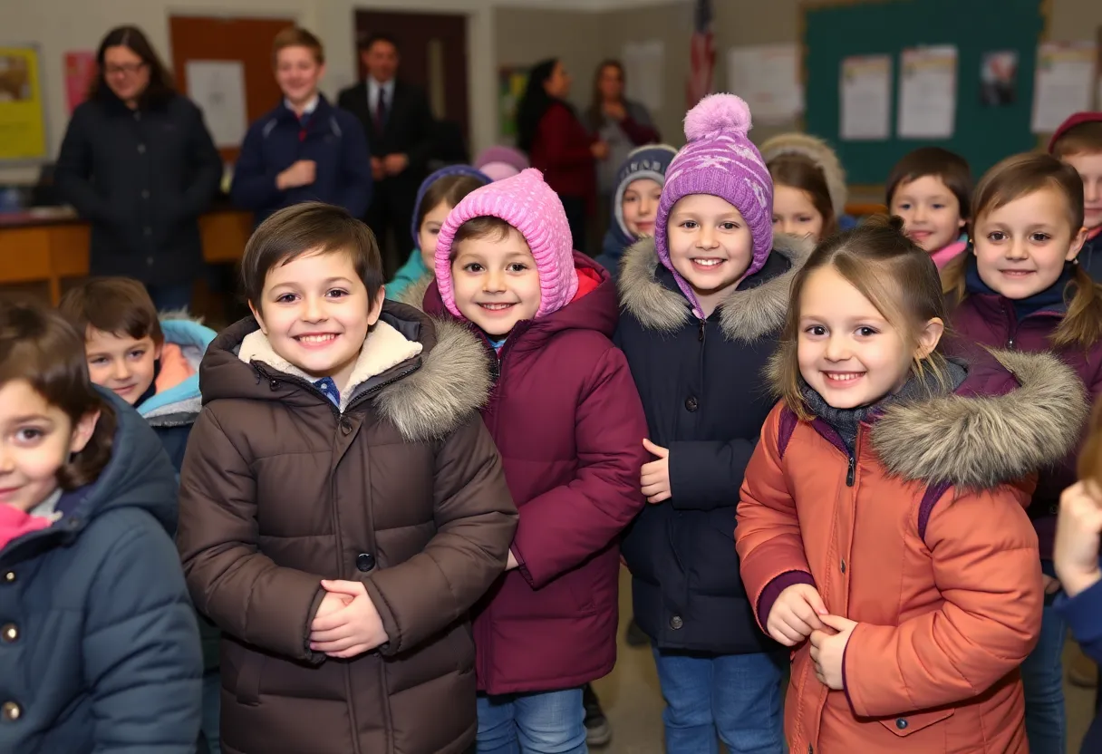 Children receiving warm coats at the Coat-A-Kid program event in Louisville