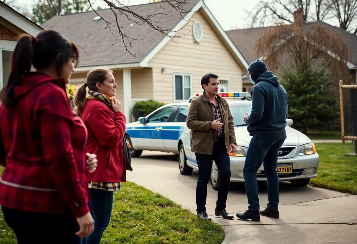 Family confronting a suspect outside a house related to property fraud.
