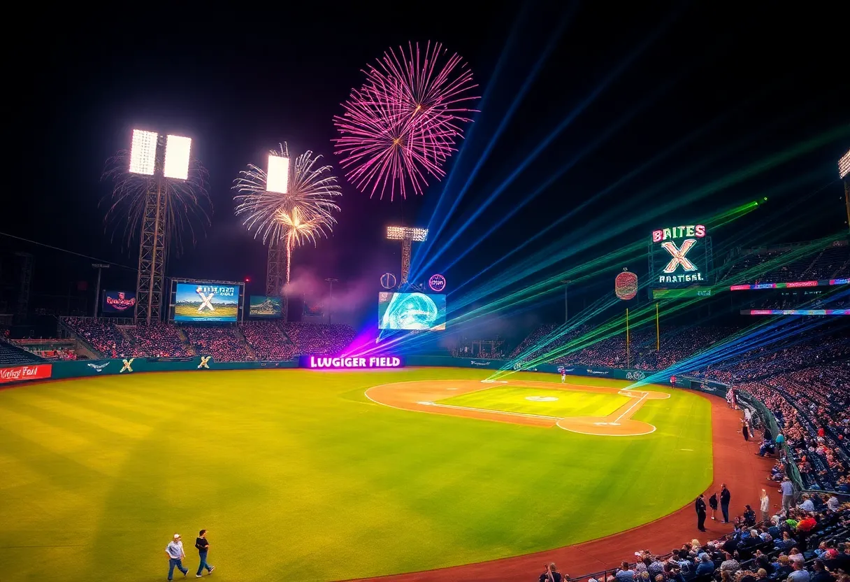 Spectacle of Cosmic Baseball with glowing baseballs and pyrotechnics.