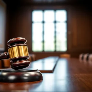 Courtroom interior with gavel and legal documents symbolizing gun laws
