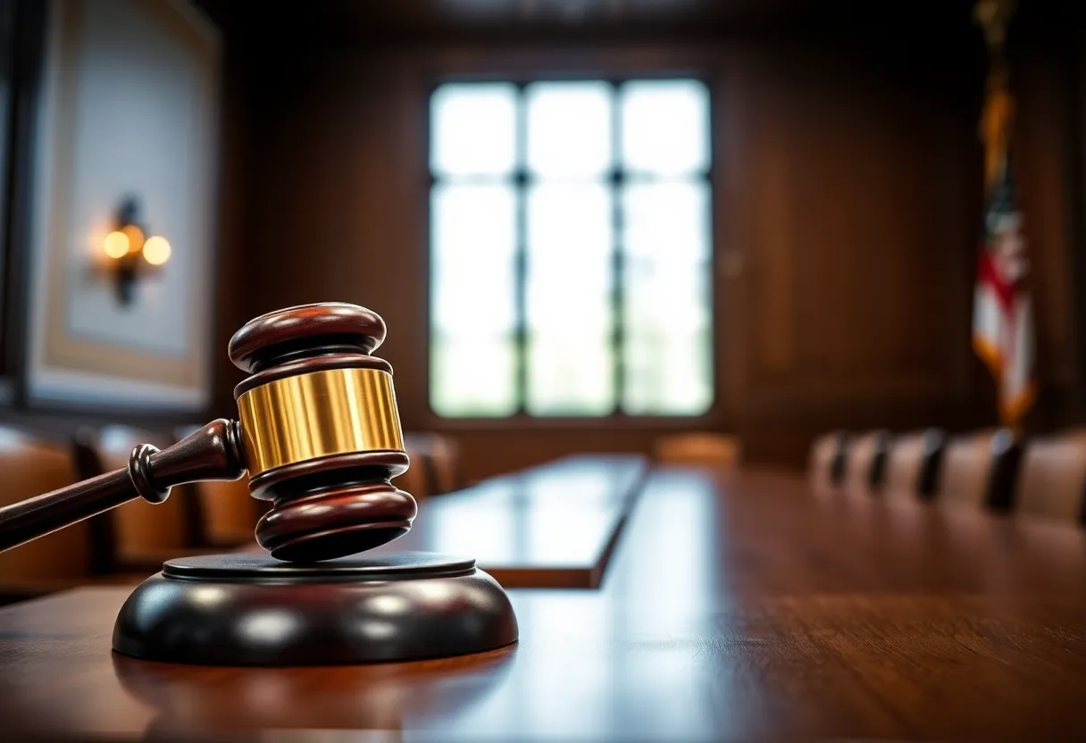 Courtroom interior with gavel and legal documents symbolizing gun laws