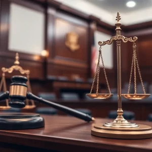 A courtroom symbolizing justice with gavel and scales.