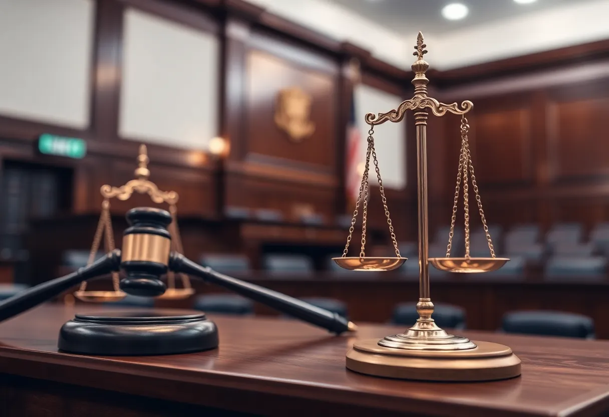 A courtroom symbolizing justice with gavel and scales.