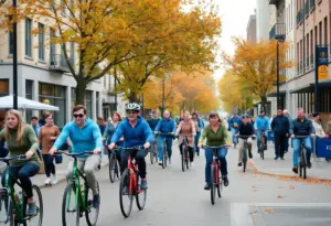 A bustling street transformed into a car-free zone during the cycLOUvia event, with families and cyclists enjoying the sunny day.