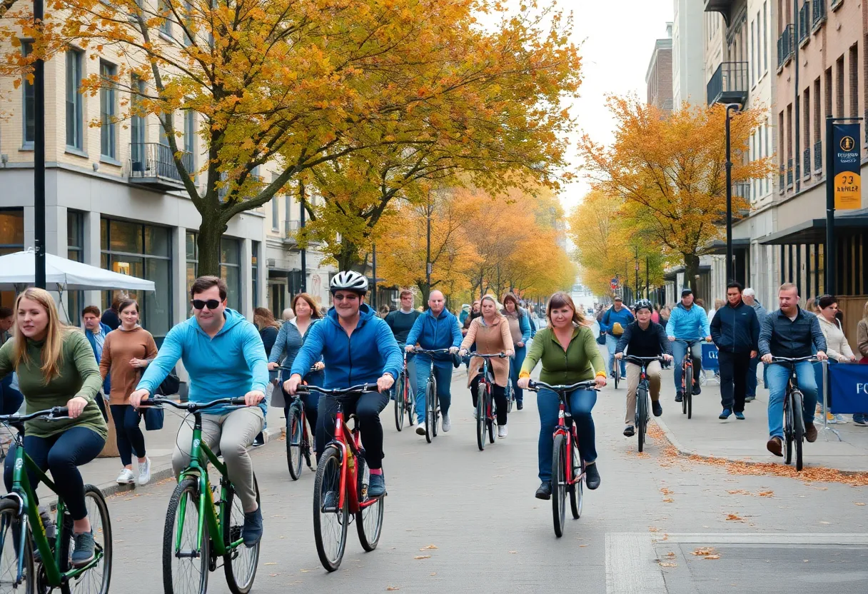 A bustling street transformed into a car-free zone during the cycLOUvia event, with families and cyclists enjoying the sunny day.