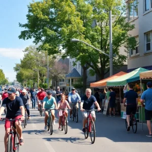 CycLOUvia event with people biking and walking in a car-free zone