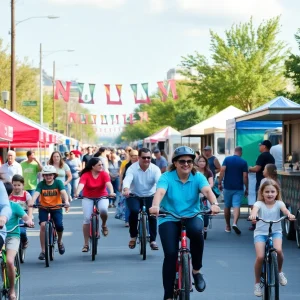 Families enjoying the CycLOUvia street festival in Louisville