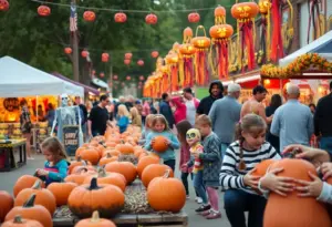 Families enjoying the Cynthiana Skeleton Festival with skeleton decorations and pumpkin carving.