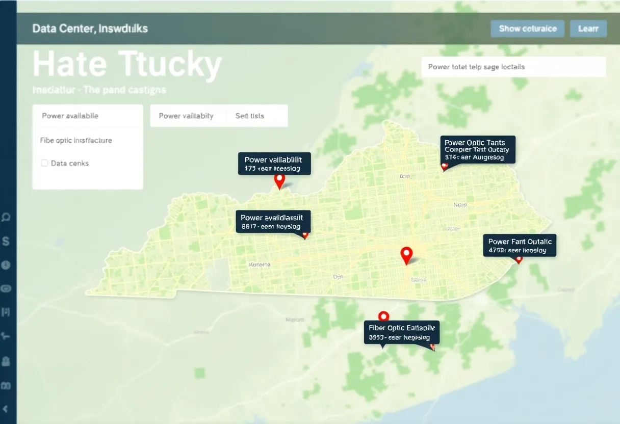 Map showing optimal data center locations in Kentucky with infrastructure details.
