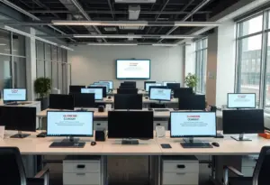 Empty tech office showing operational disruption due to AWS outage