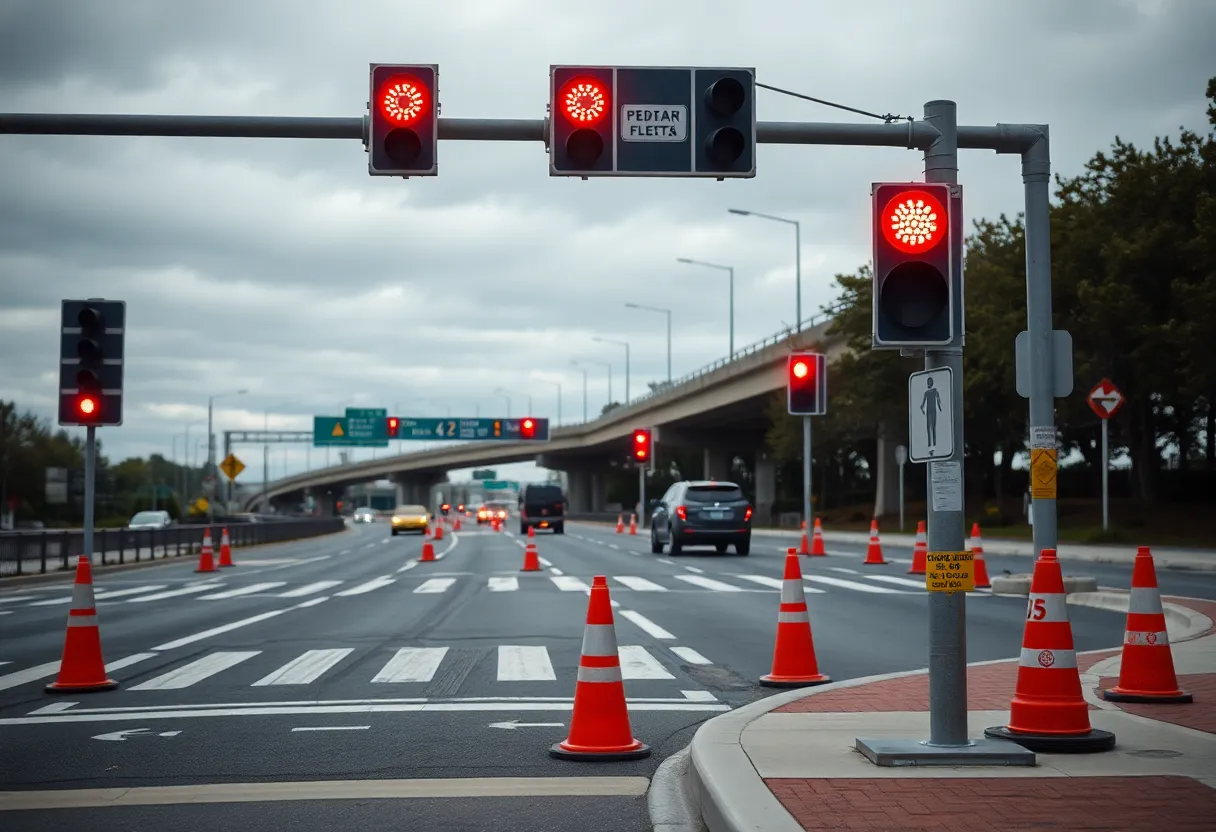 Dixie Highway with safety cones and crosswalks