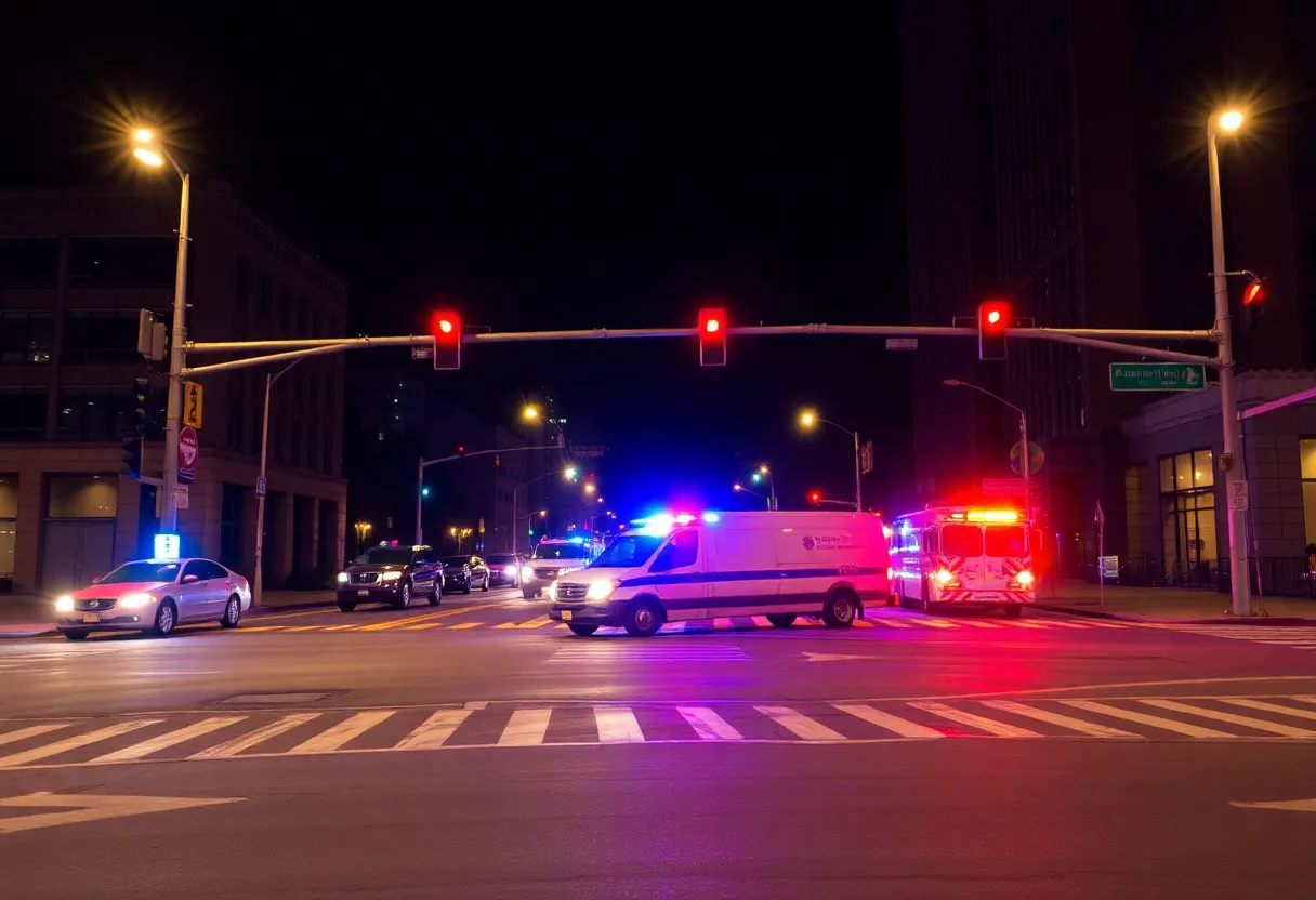 Scene of a pedestrian accident in downtown Louisville with emergency vehicles