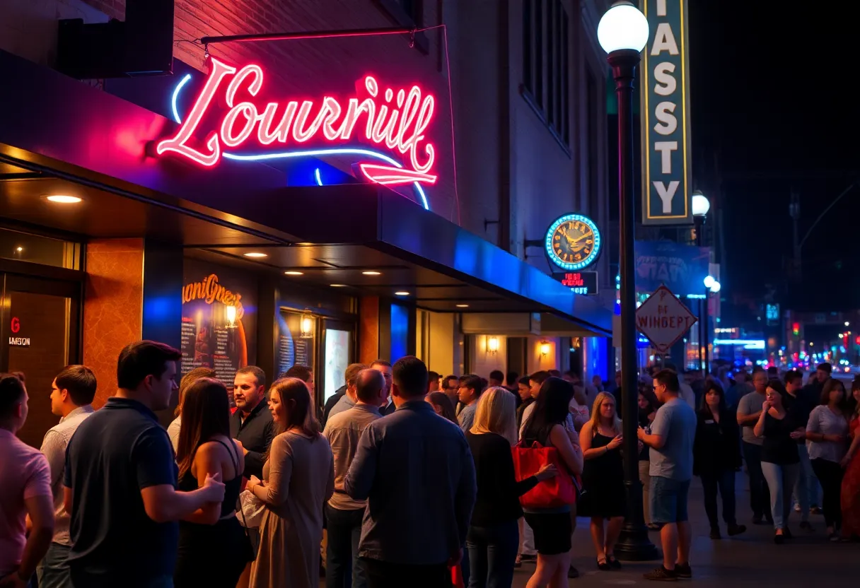 Crowd gathered outside a club in downtown Louisville at night.