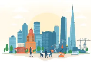 Illustration showing collaboration between cities for economic development.