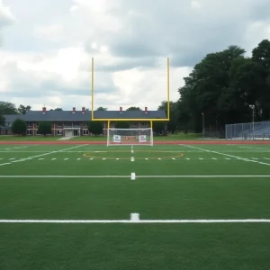 Empty football field at a military-connected school in Louisville with signs advocating for sports activities.