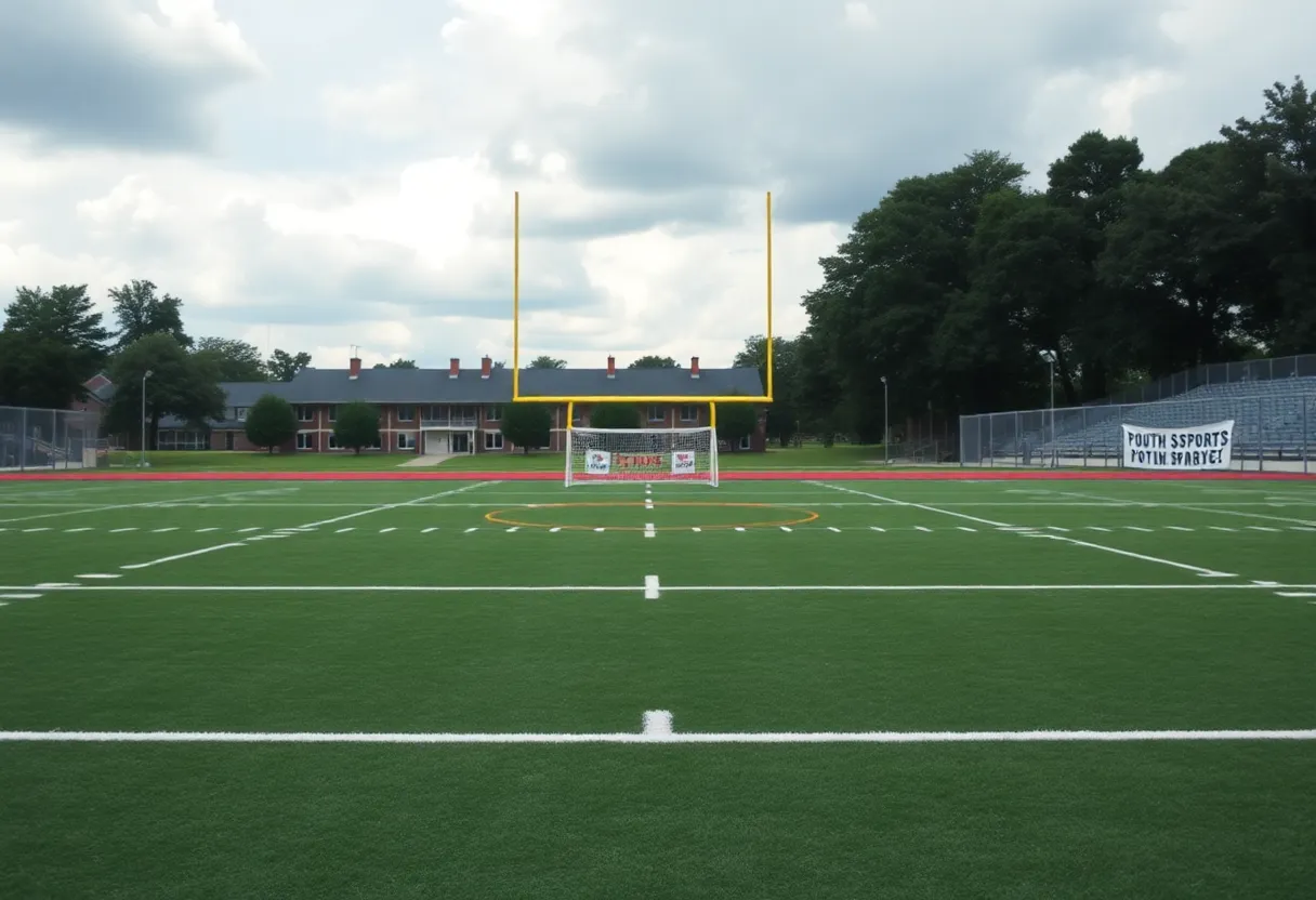 Empty football field at a military-connected school in Louisville with signs advocating for sports activities.