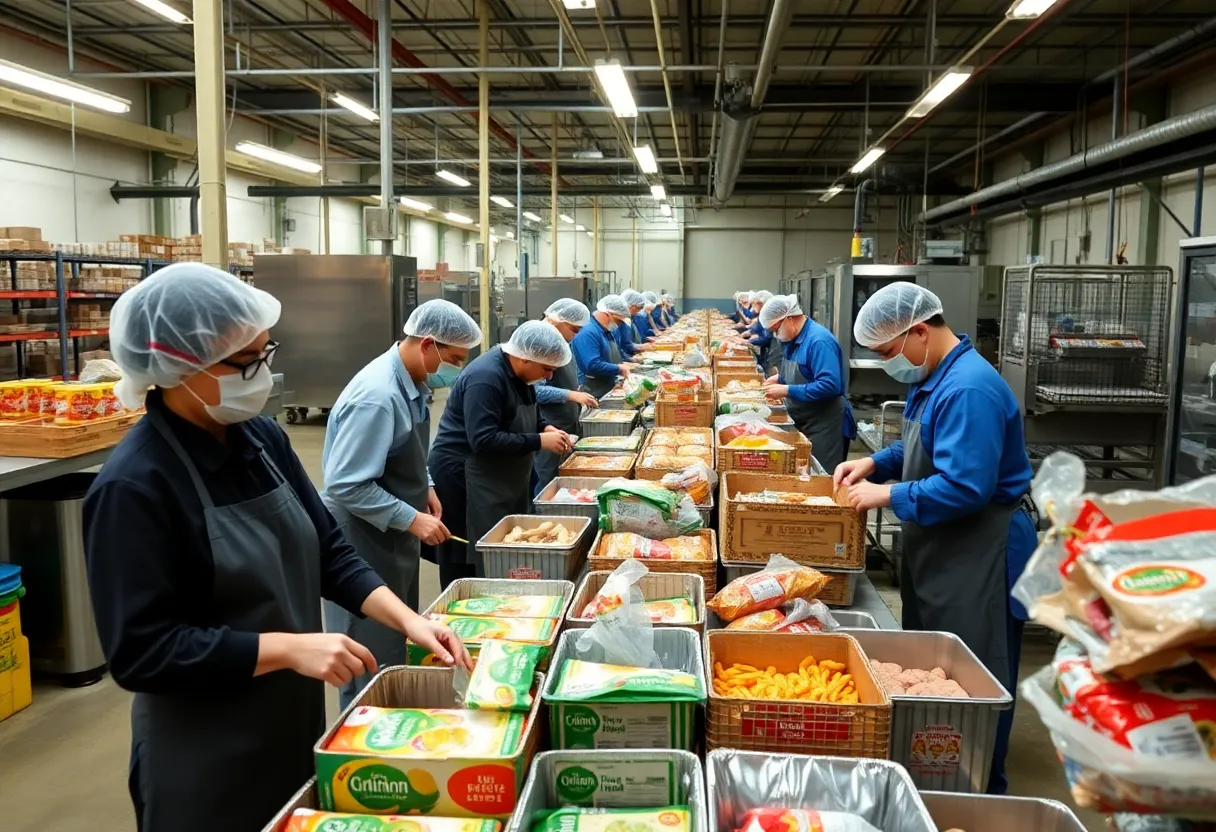 Workers in a food processing plant in Louisville, Kentucky
