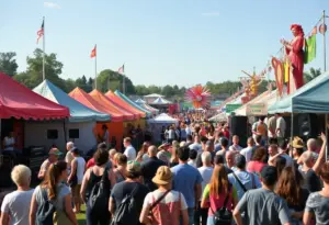 A lively music festival scene at Waterfront Park featuring live performances and art installations.