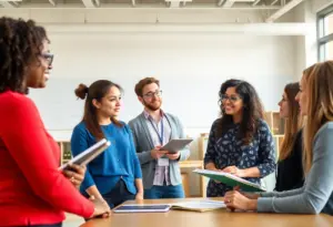 Educators discussing in a modern classroom setting.