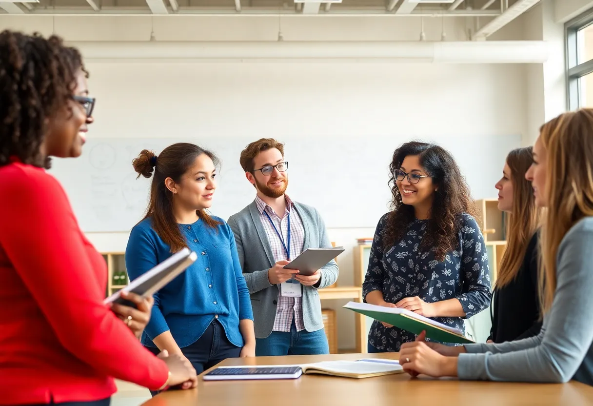 Educators discussing in a modern classroom setting.