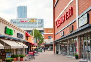 Illustration of strip mall versus grocery store development