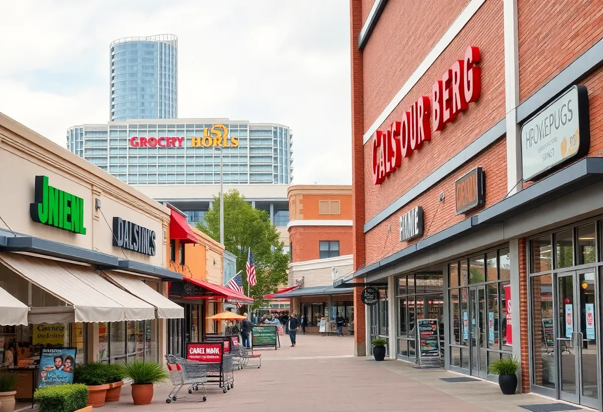 Illustration of strip mall versus grocery store development