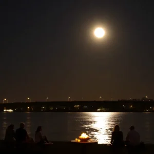 Harvest Moon shining brightly over the Ohio River in Louisville