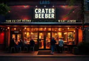 Exterior view of Hi-Wire Brewing's Phoenix Hill taproom with patrons enjoying drinks.