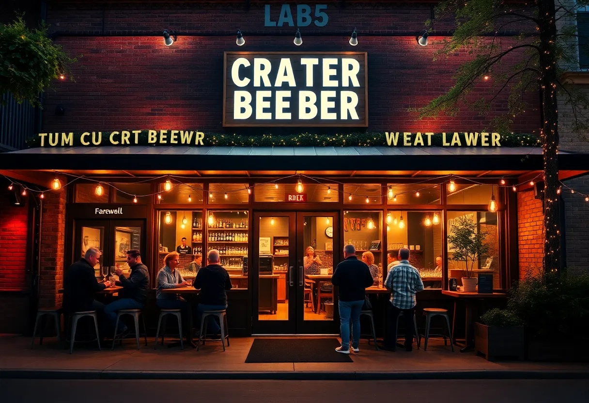 Exterior view of Hi-Wire Brewing's Phoenix Hill taproom with patrons enjoying drinks.