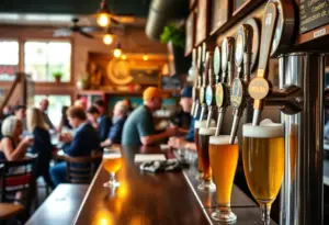 Inside view of Hi-Wire Brewing taproom in Louisville showing patrons and beers