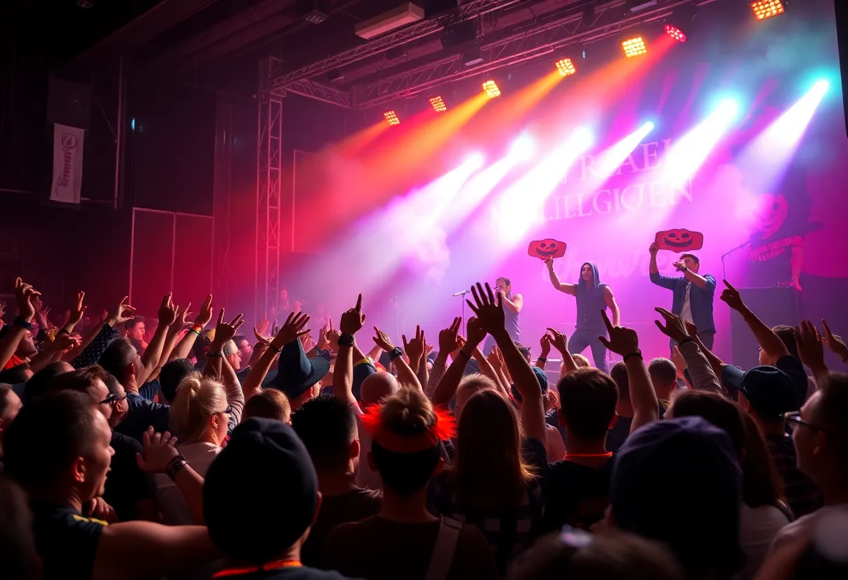 Crowd enjoying a horrorcore rap concert in Louisville with Halloween costumes