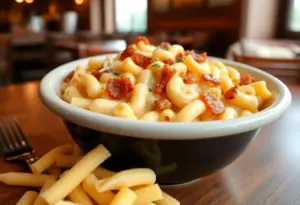 Bowl of Hot Brown Mac and Cheese with turkey and bacon