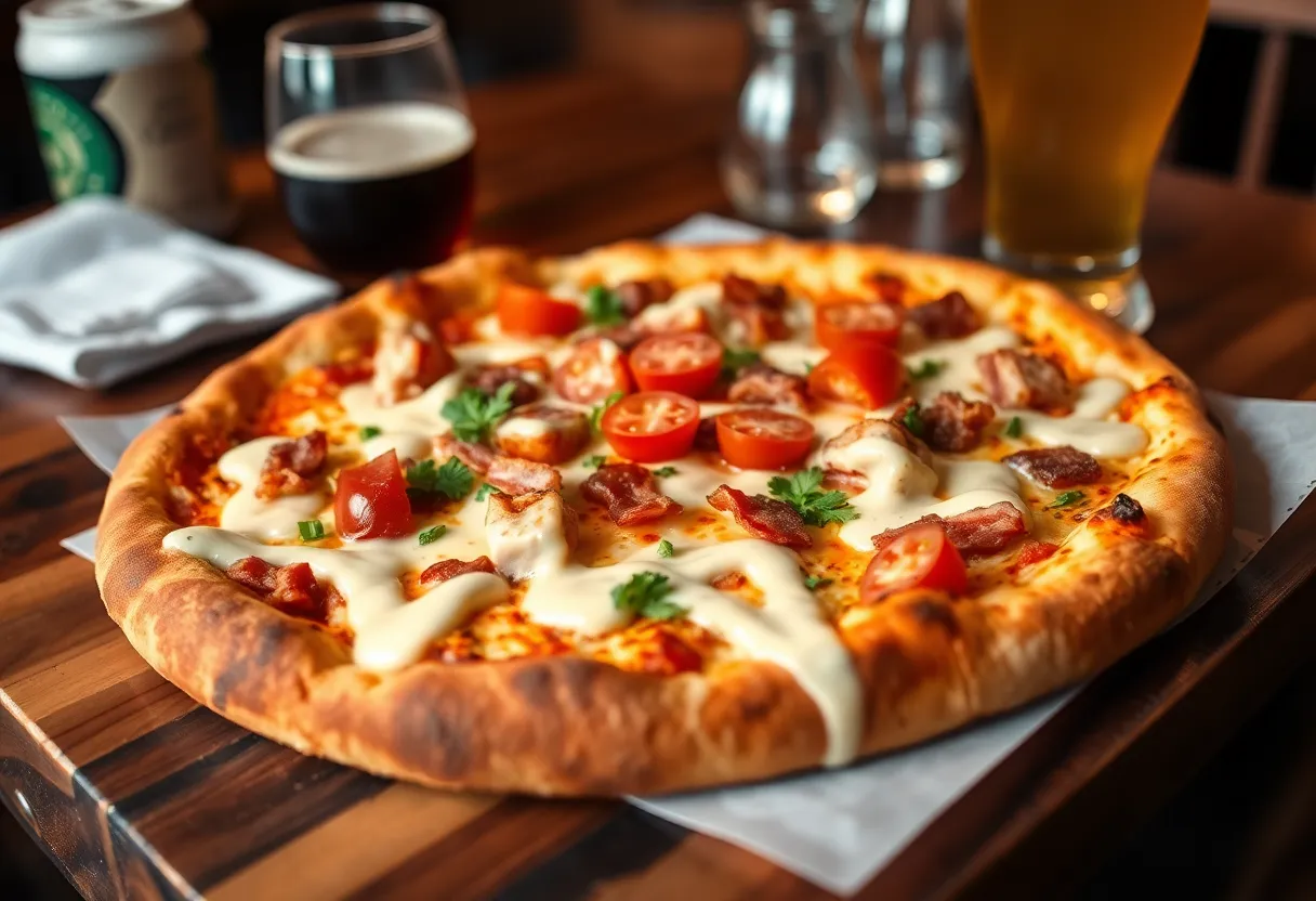 Delicious Hot Brown Pizza showcasing turkey, bacon, and Mornay sauce.