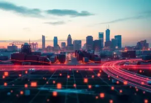 Abstract representation of AI logistics technology with Louisville skyline