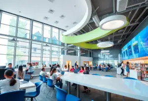 Students collaborating in a modern education center.