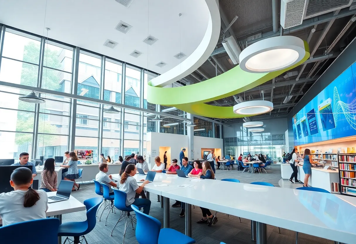 Students collaborating in a modern education center.