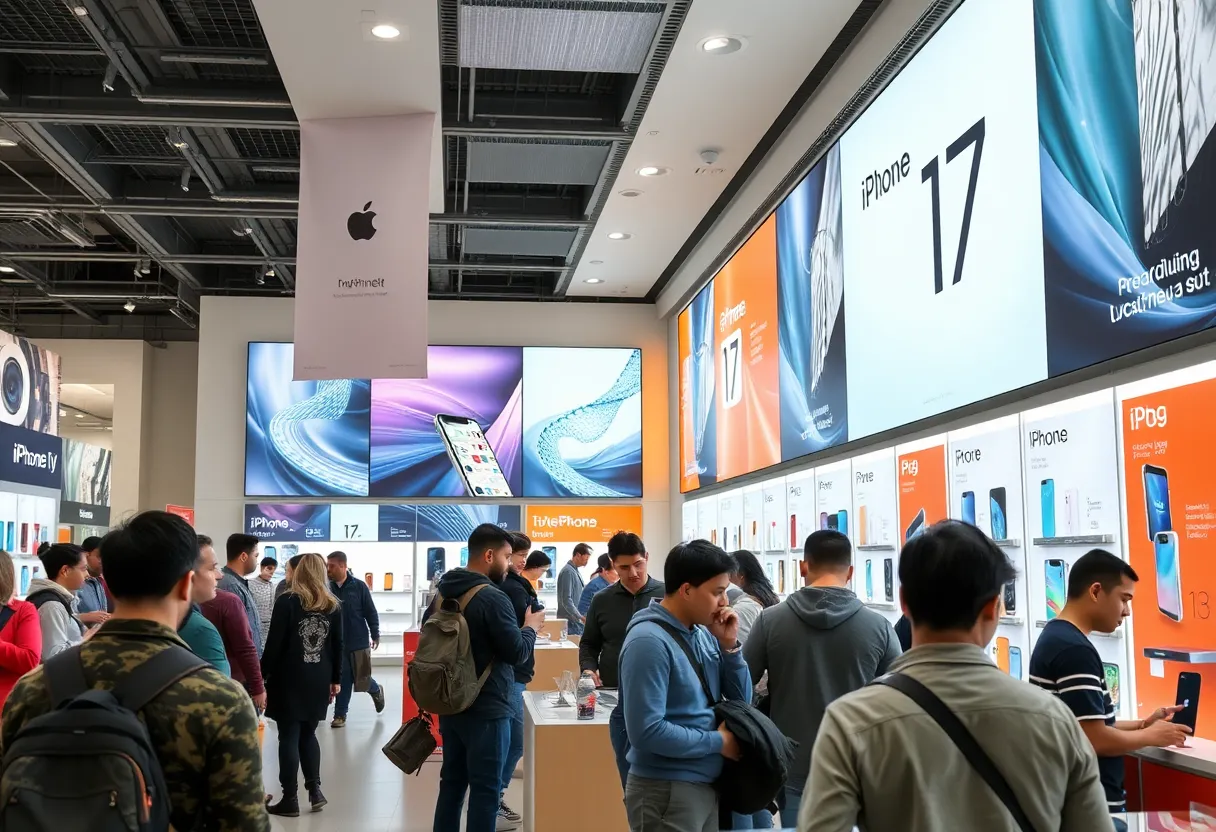 Customers examining iPhone 17 pre-order deals at a store in Louisville