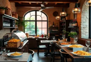 Interior view of an Italian restaurant with pasta and wine on display