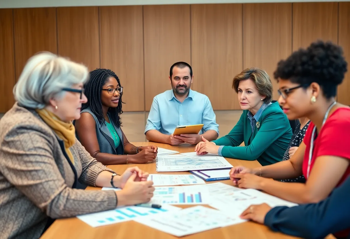 Educators discussing education policy at a school board meeting