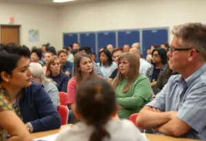 Parents gathered at a community meeting discussing changes in school boundaries.