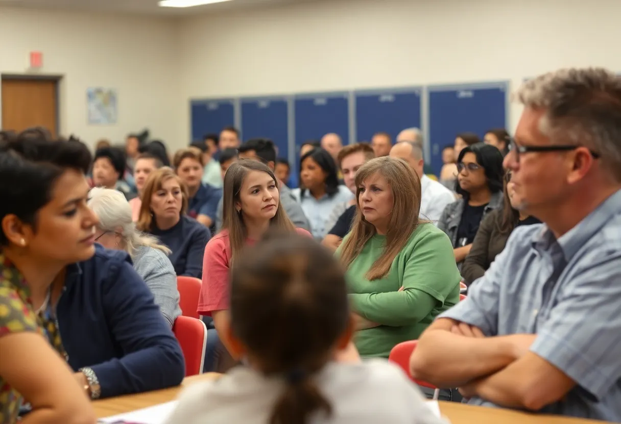 Parents gathered at a community meeting discussing changes in school boundaries.