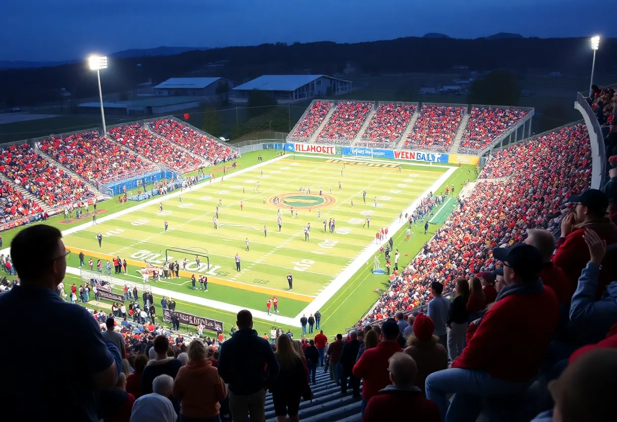 High school football game with fans cheering in the stands