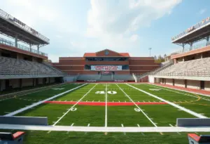 Empty football stadium bleachers with safety banners