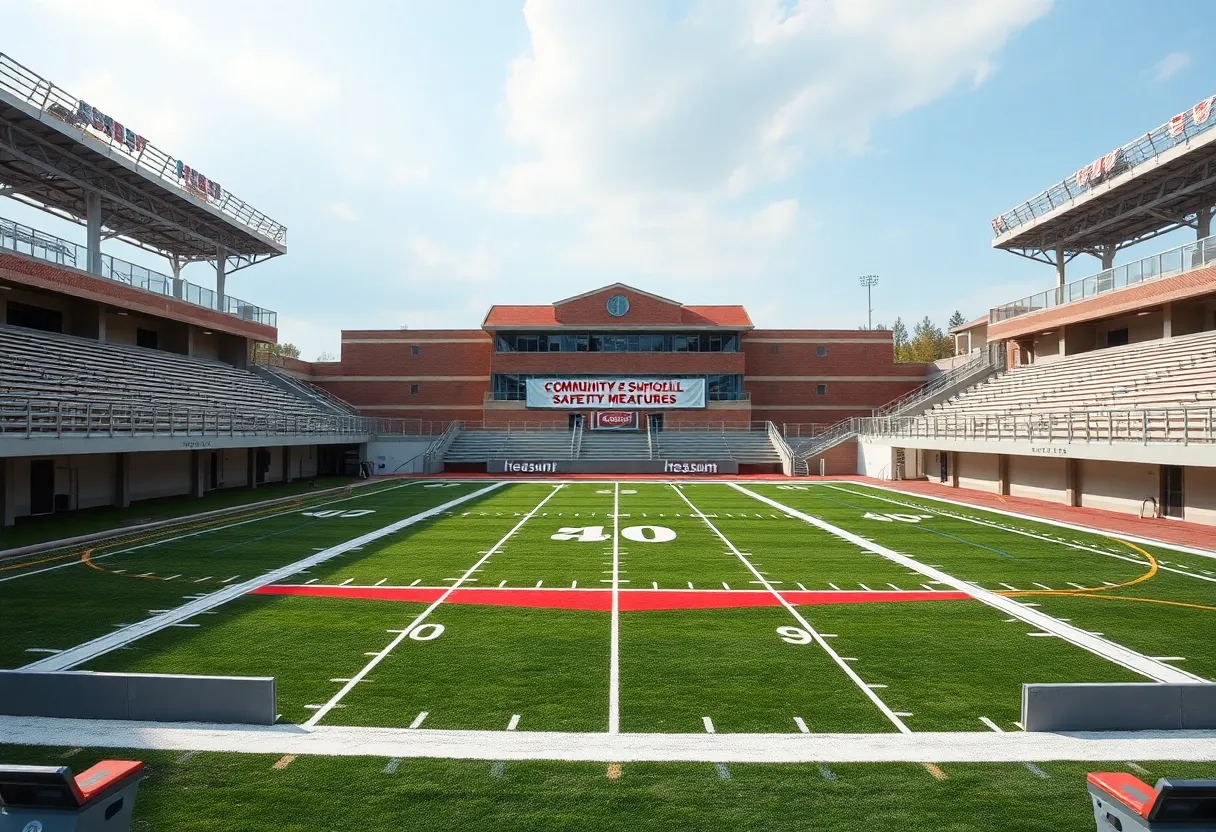 Empty football stadium bleachers with safety banners