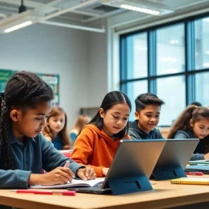 Diverse students participating in innovative educational activities in a JCPS magnet program classroom.