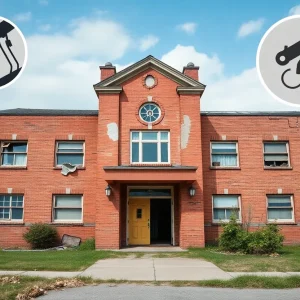 Aging school buildings showing signs of wear and needed repairs.