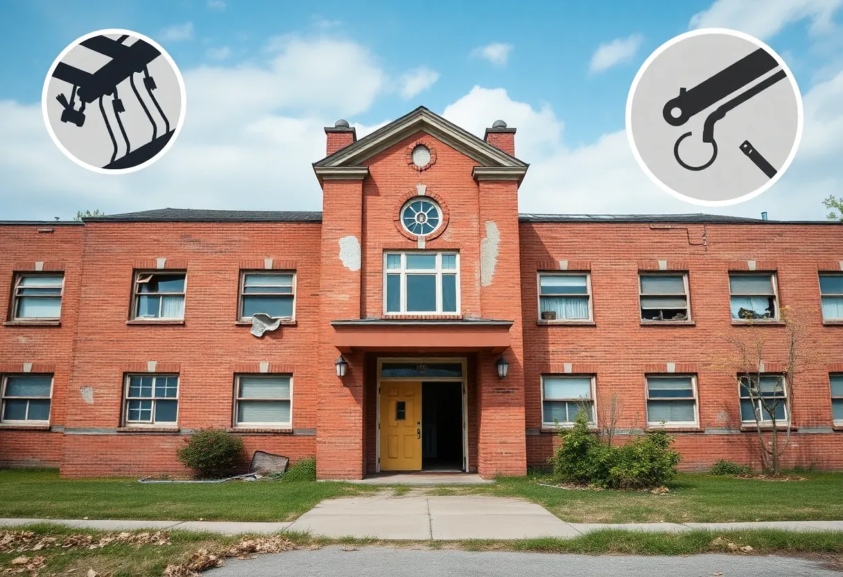 Aging school buildings showing signs of wear and needed repairs.