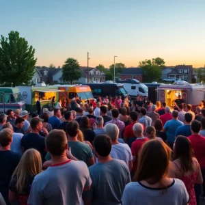 Crowd enjoying a concert outdoors with food trucks and breweries.