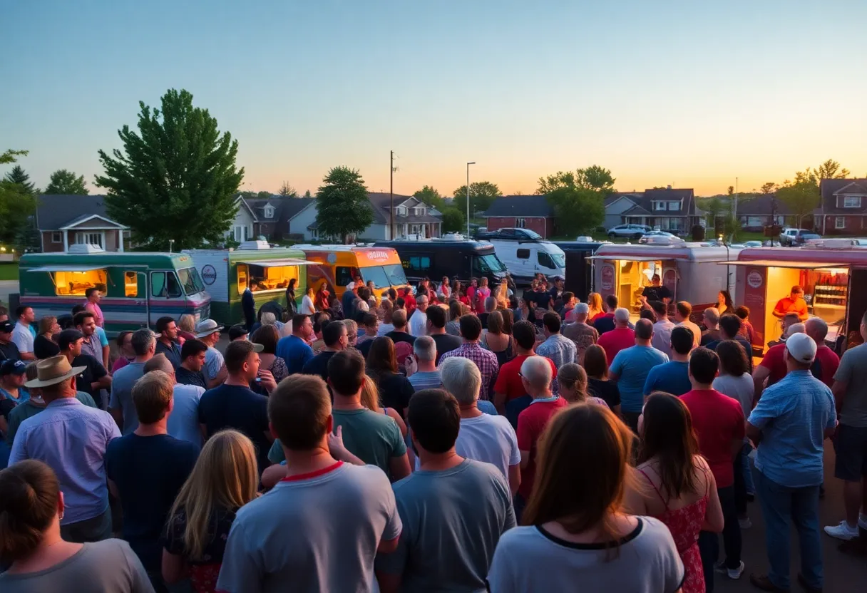 Crowd enjoying a concert outdoors with food trucks and breweries.