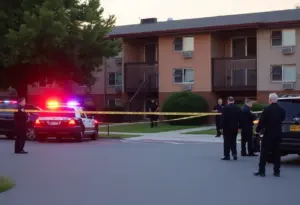 Police officers investigating a shooting outside an apartment complex in Jeffersontown.